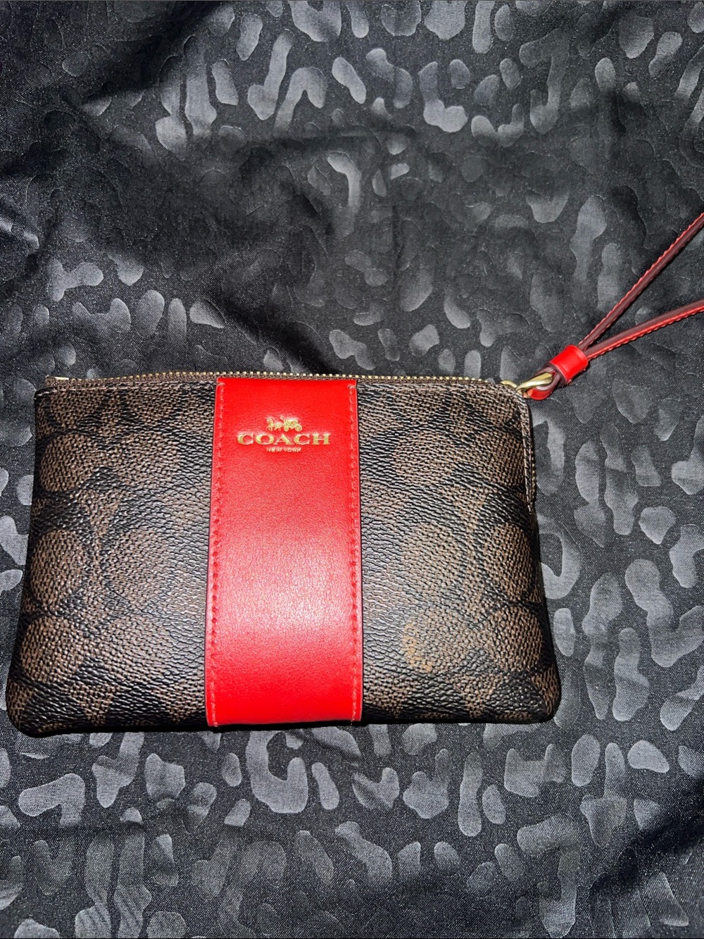 Coach Brown Signature Canvas Wristlet with Red Center Stripe